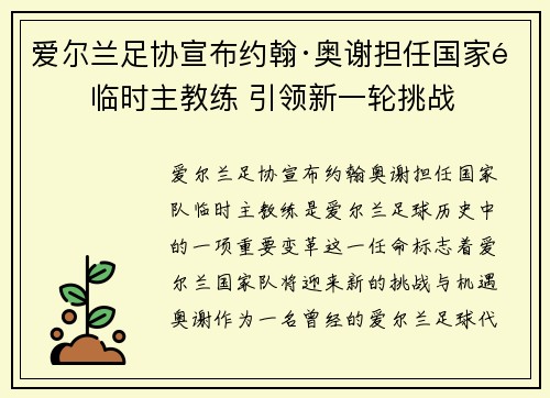 爱尔兰足协宣布约翰·奥谢担任国家队临时主教练 引领新一轮挑战